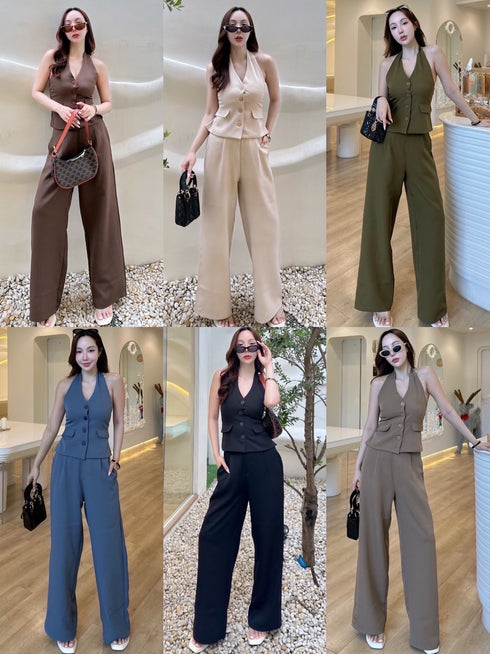 Women Casual Halter Neck Waist Coat with Trousers Sets